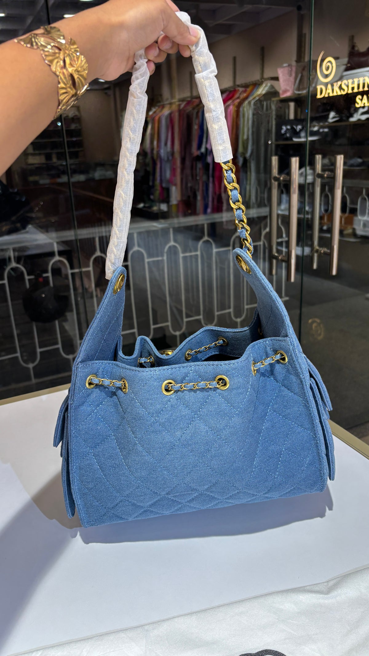 C25 denim shoulder bag