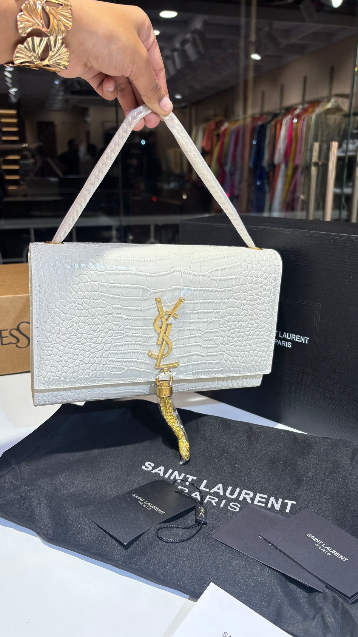 White Croc-Embossed Gold-Accent Sling Bag
