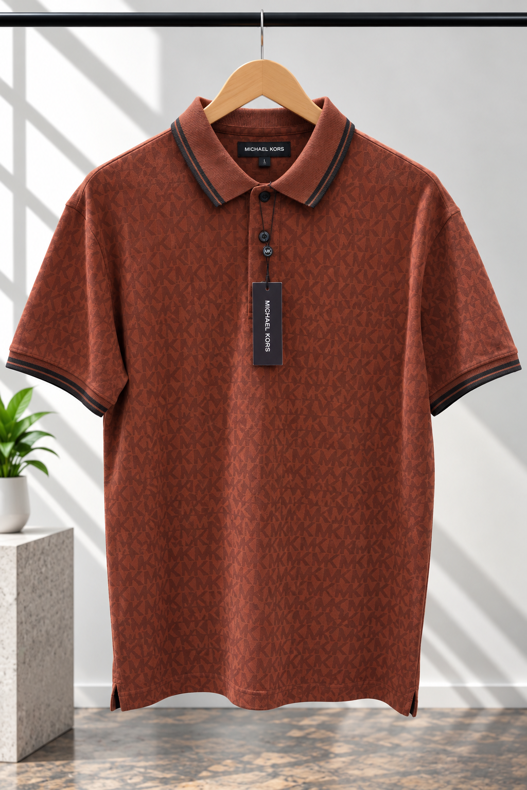 Rust Brown Monogram Print Polo T-Shirt