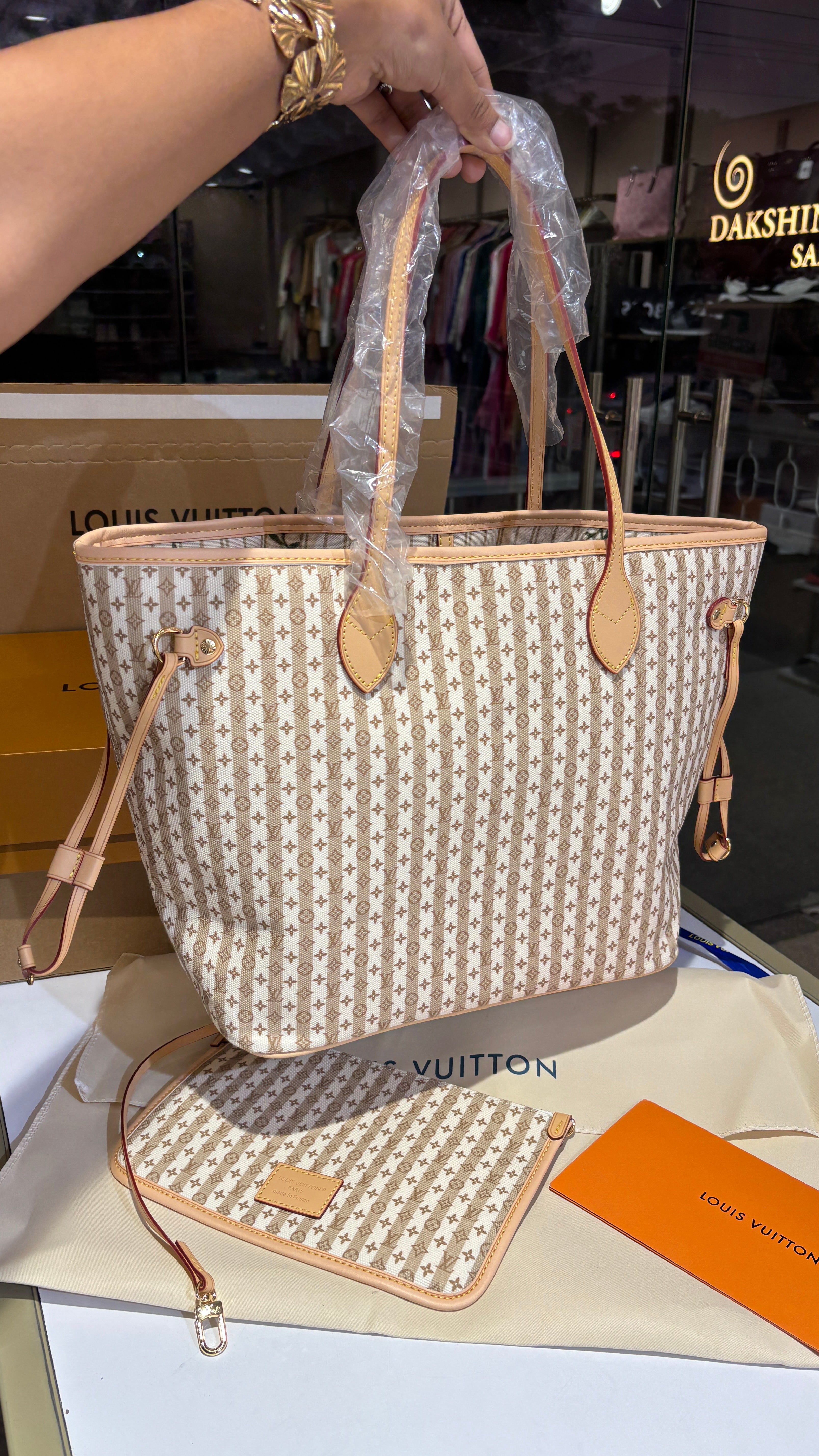 Striped Monogram Canvas Tote with pouch