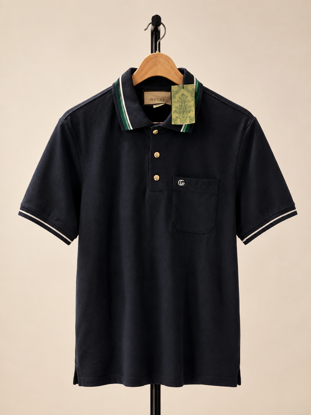 Navy Blue Contrast Stripe Pocket Polo T-Shirt