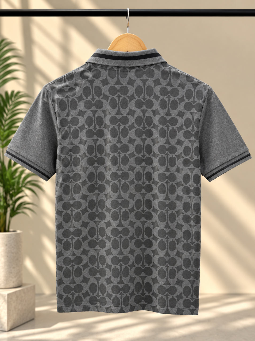 Premium Grey Monogram Pattern Polo T-Shirt