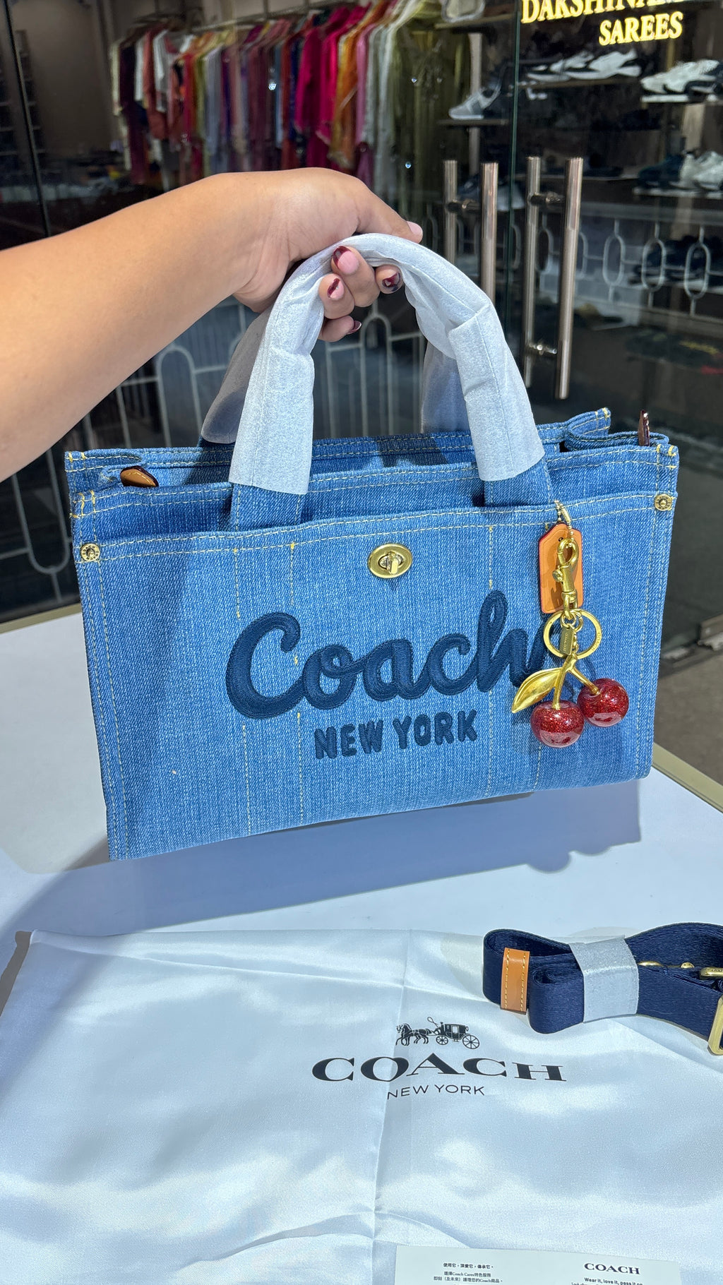 Structured denim bag with cherry charm