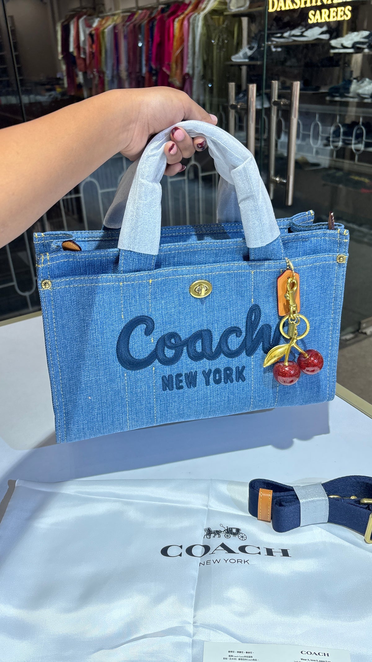 Structured denim bag with cherry charm