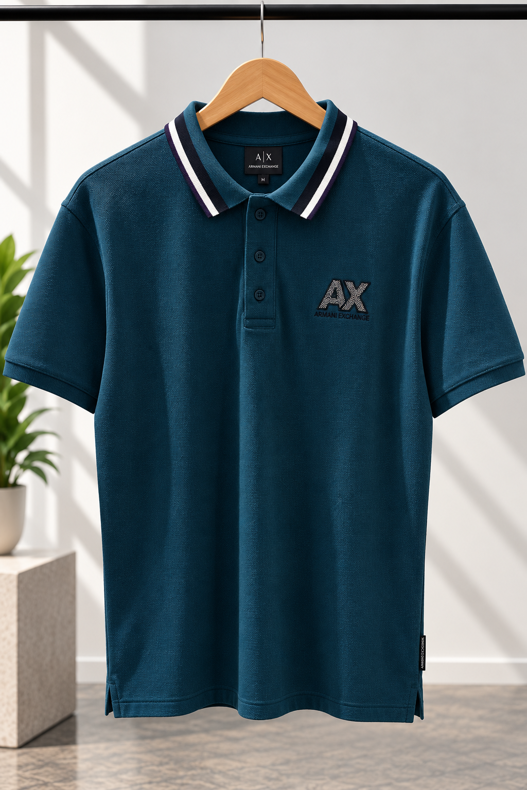 Teal Blue Contrast-Trim Polo T-Shirt with Embroidered Logo