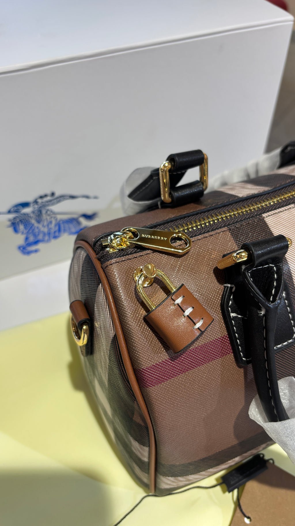 Signature Check Leather Barrel Bag