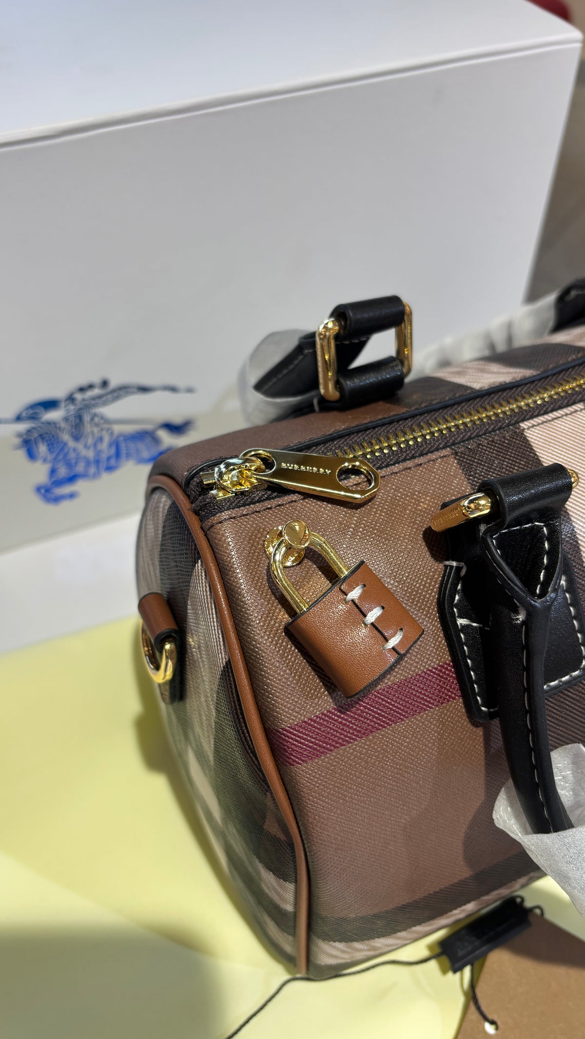 Signature Check Leather Barrel Bag