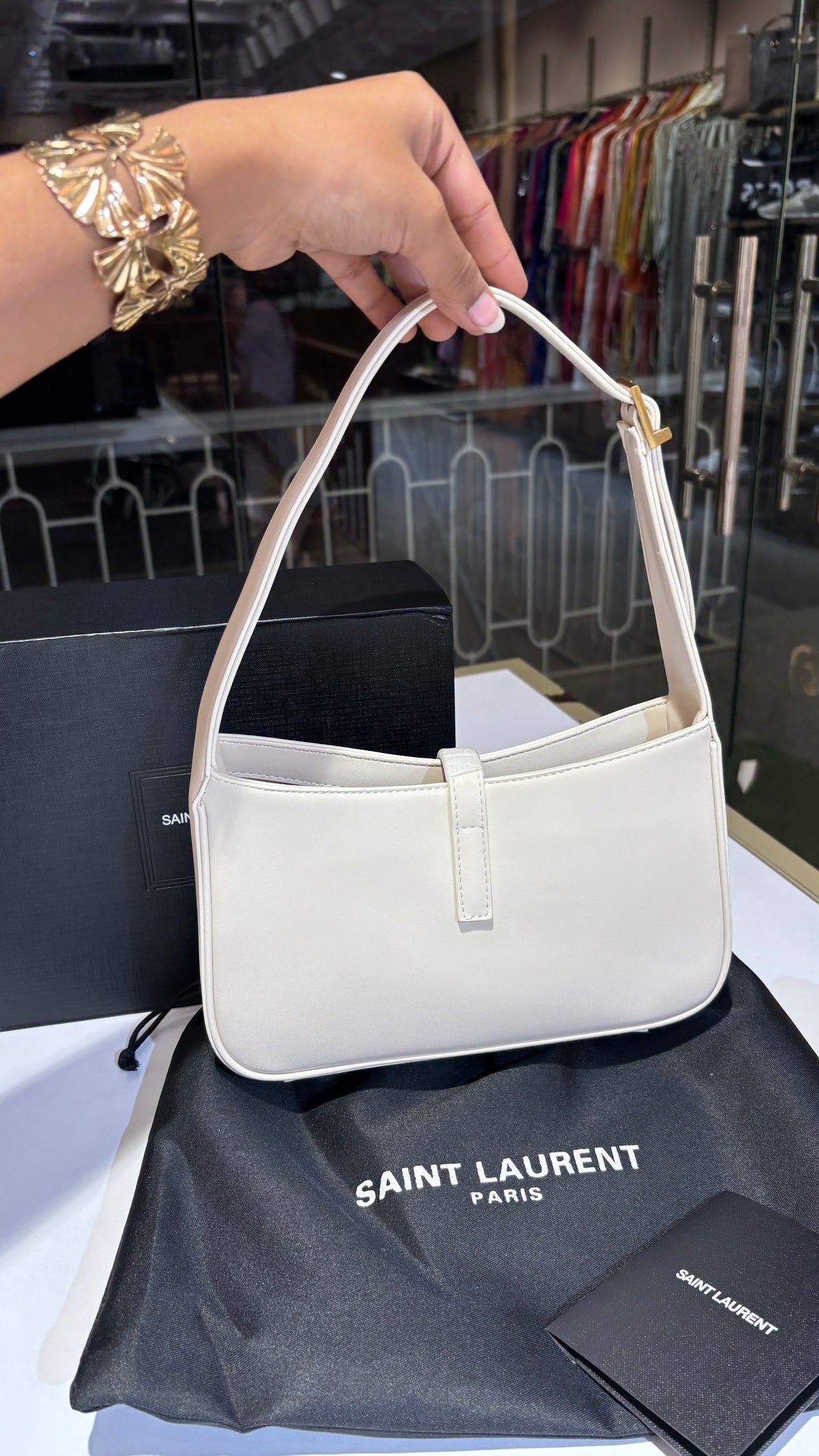 White Leather Gold-Tone Emblem Shoulder Bag with pouch