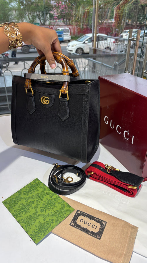 Black Tote Bag with Bamboo Top Handles