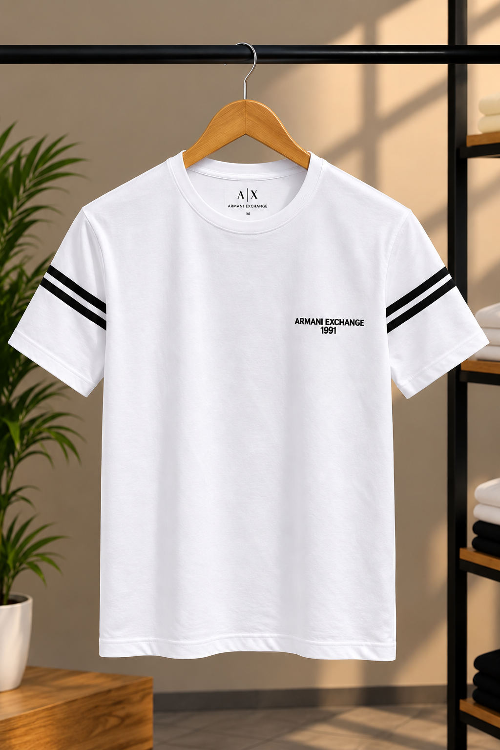 Men’s White Crew Neck T-Shirt with Contrast Sleeve Stripes