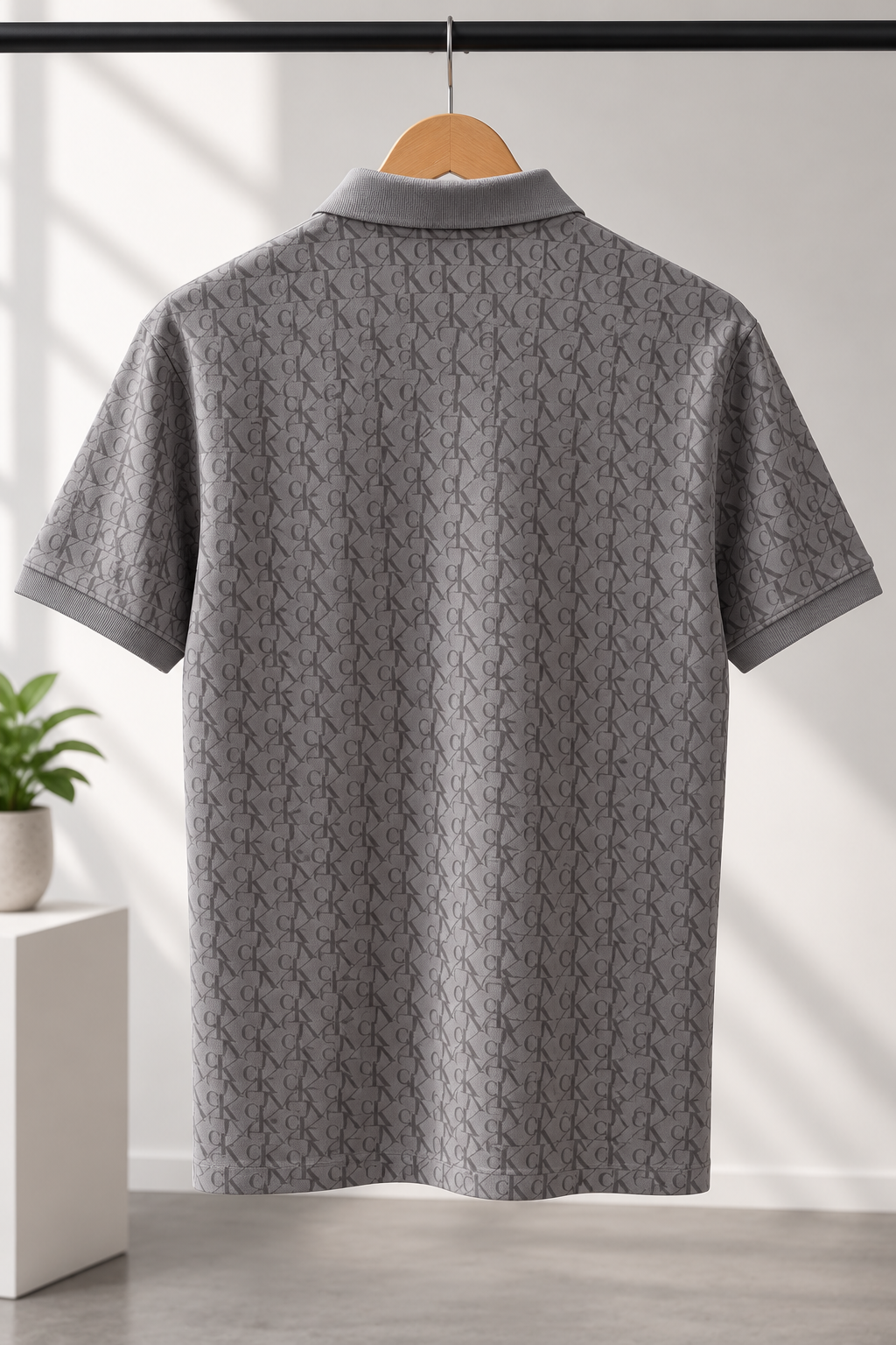 Grey Monogram Print Classic Polo T-Shirt