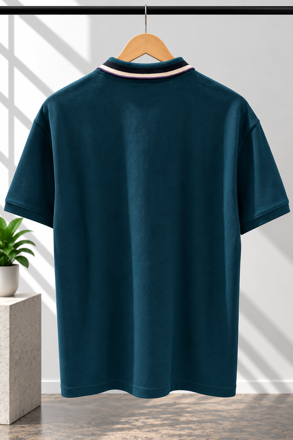 Teal Blue Contrast-Trim Polo T-Shirt with Embroidered Logo
