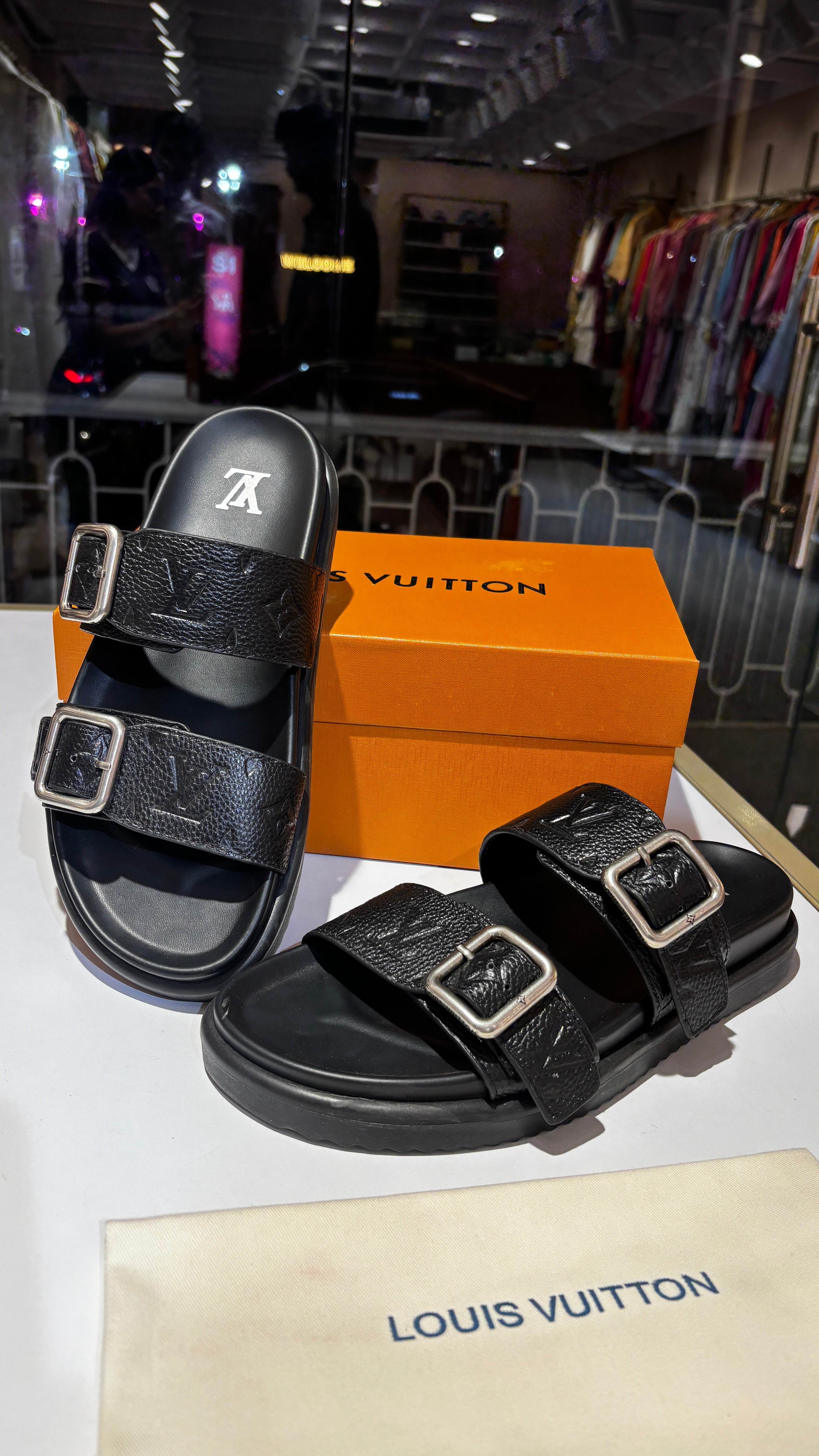 Monogram Embossed Leather Dual-Strap Buckle Slides