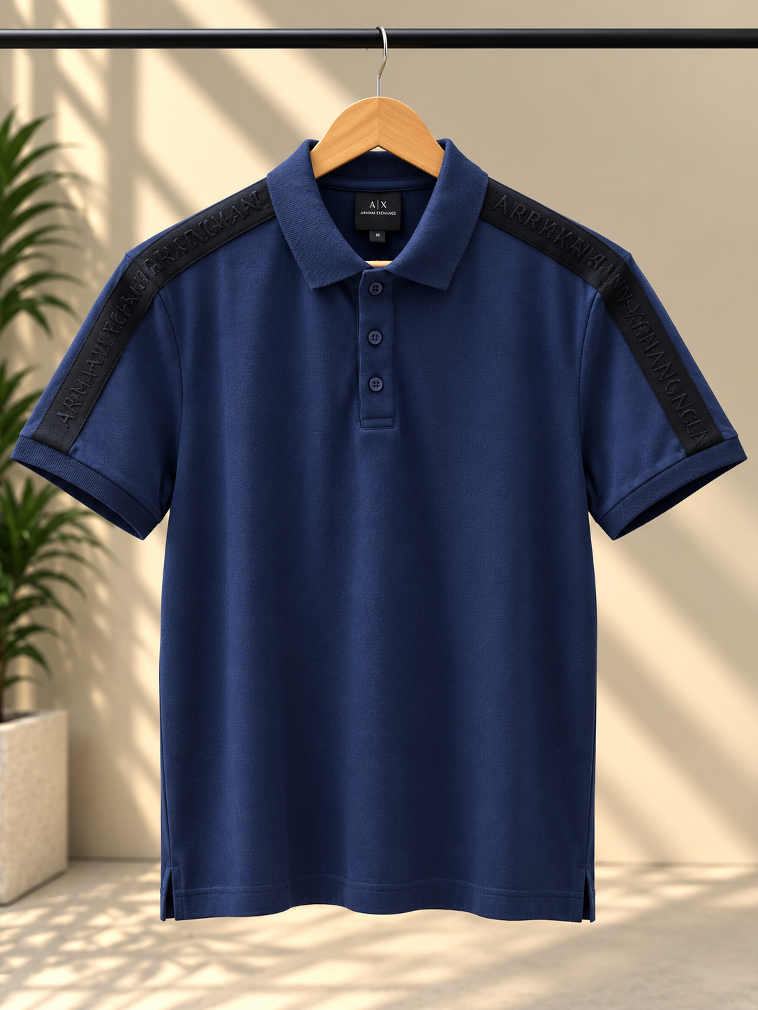 Navy Blue Polo T-Shirt with Shoulder Tape Detail