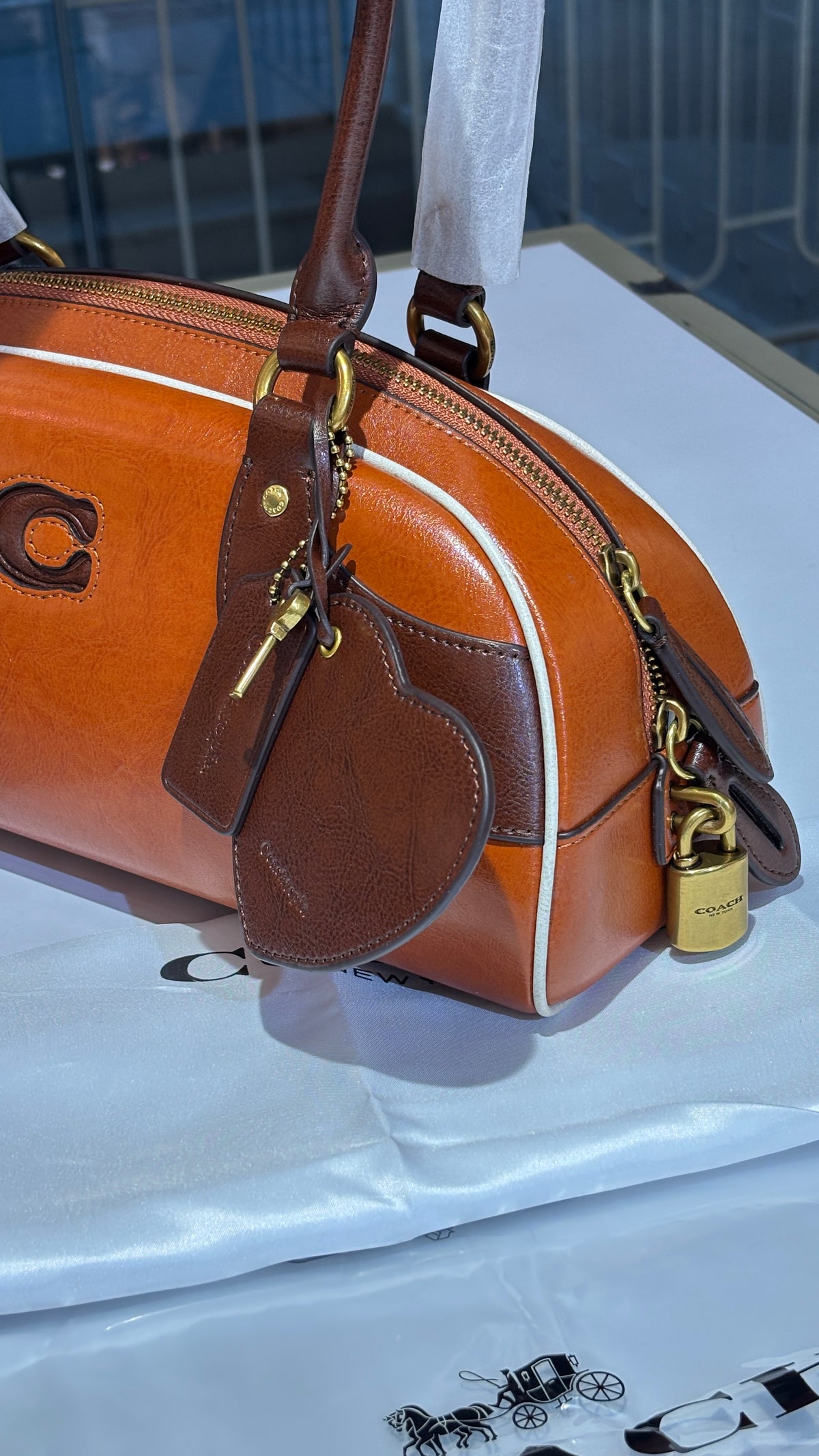 Vintage Two-Tone Leather Barrel Bag with Heart Charm