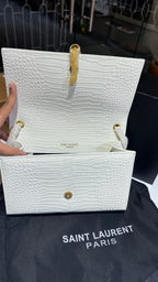White Croc-Embossed Gold-Accent Sling Bag