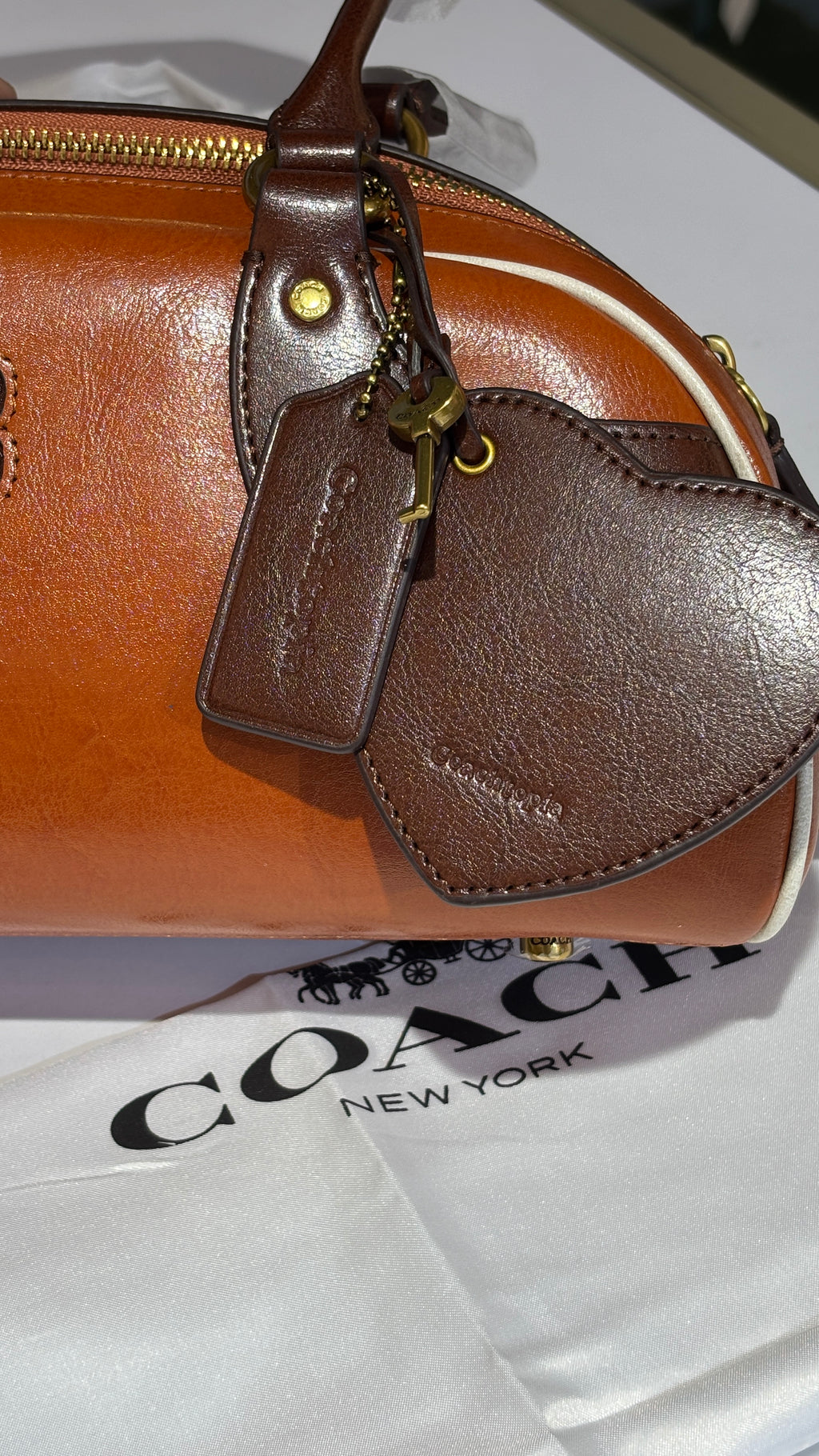 Vintage Two-Tone Leather Barrel Bag with Heart Charm