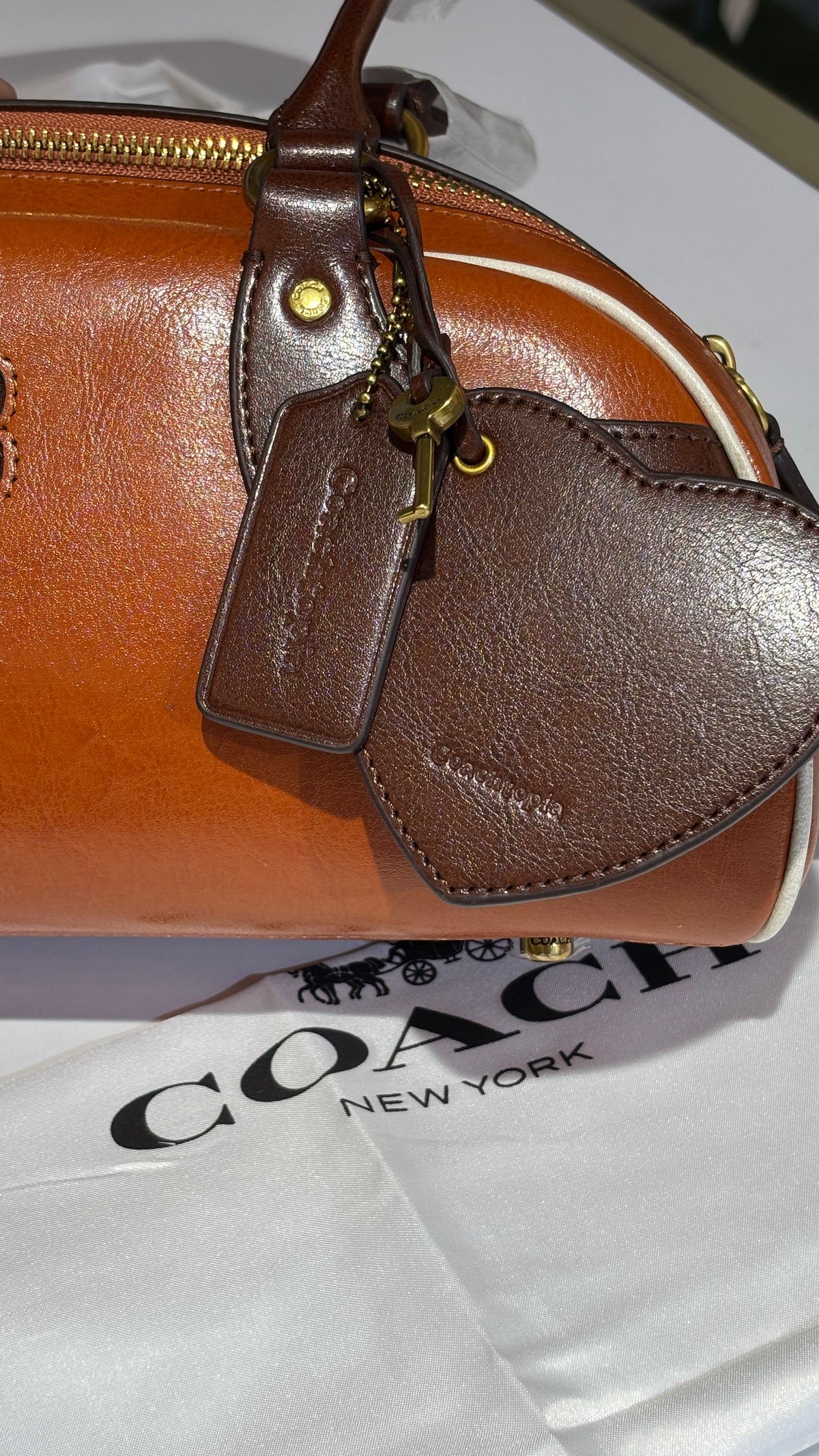 Vintage Two-Tone Leather Barrel Bag with Heart Charm