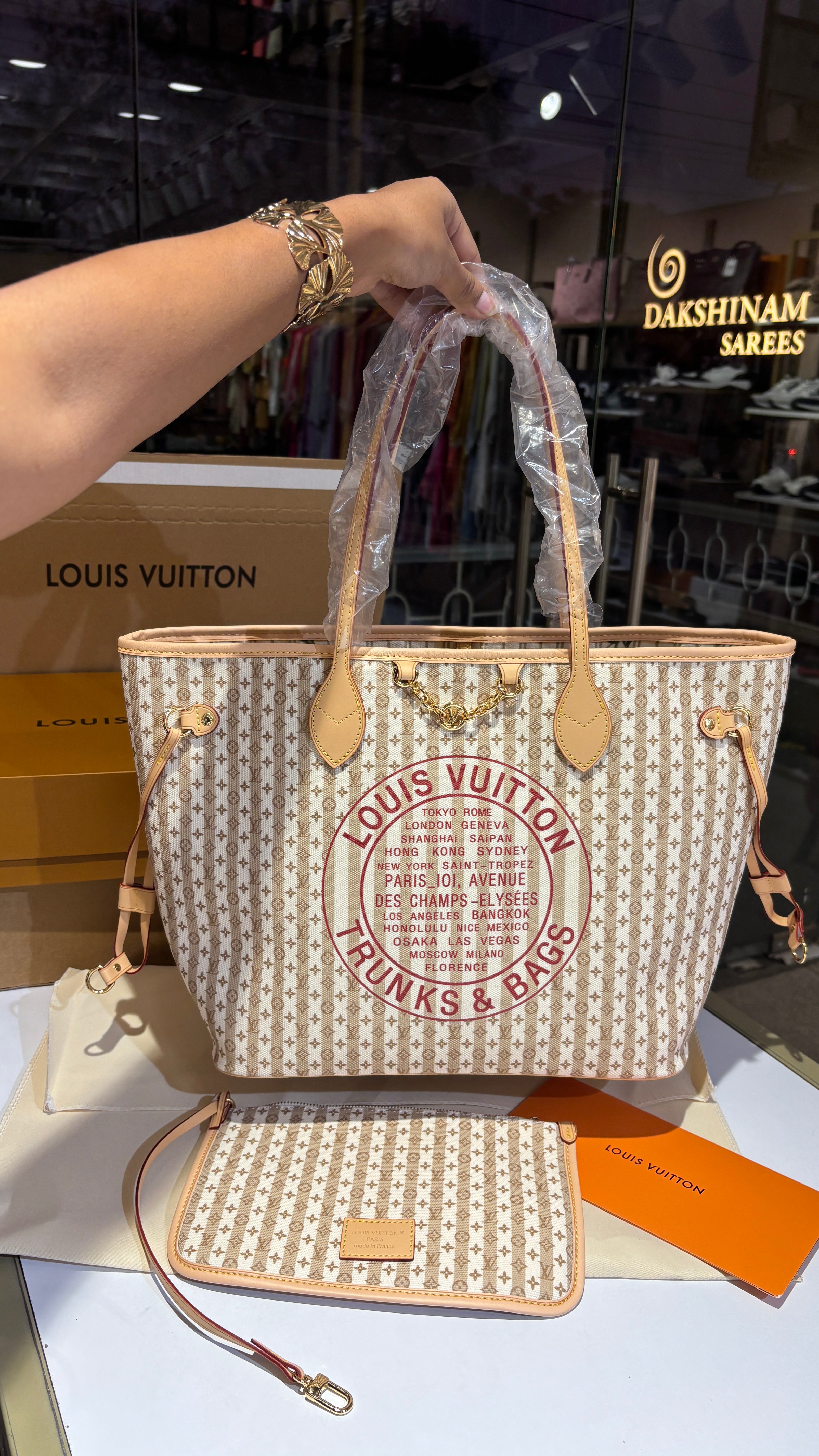Striped Monogram Canvas Tote with pouch