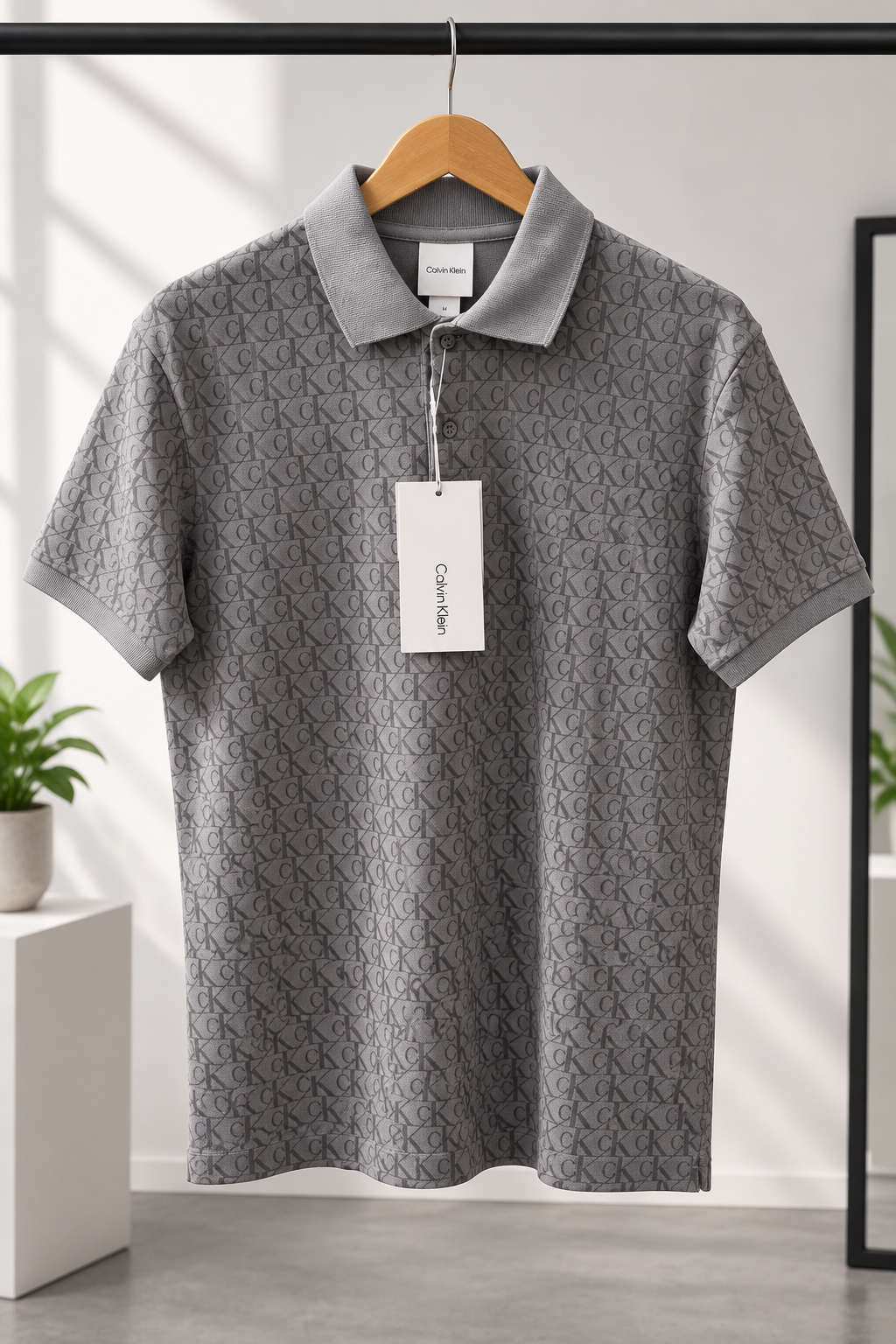 Grey Monogram Print Classic Polo T-Shirt