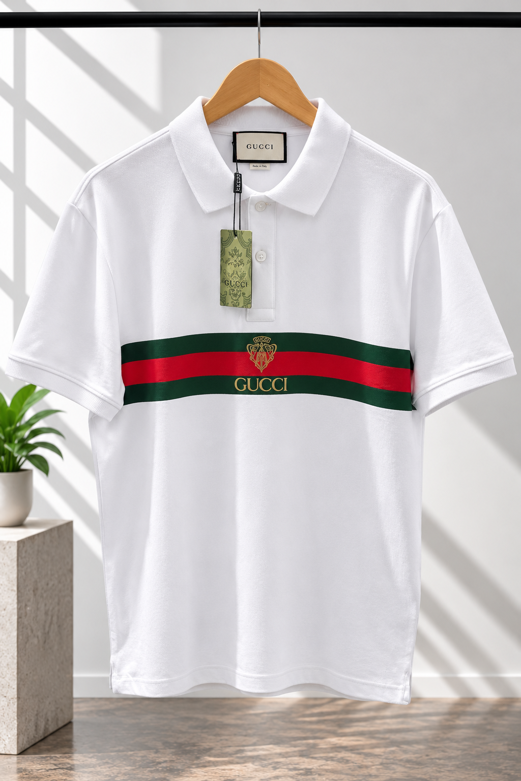 White Striped-Panel Polo T-Shirt with Signature Band Detail