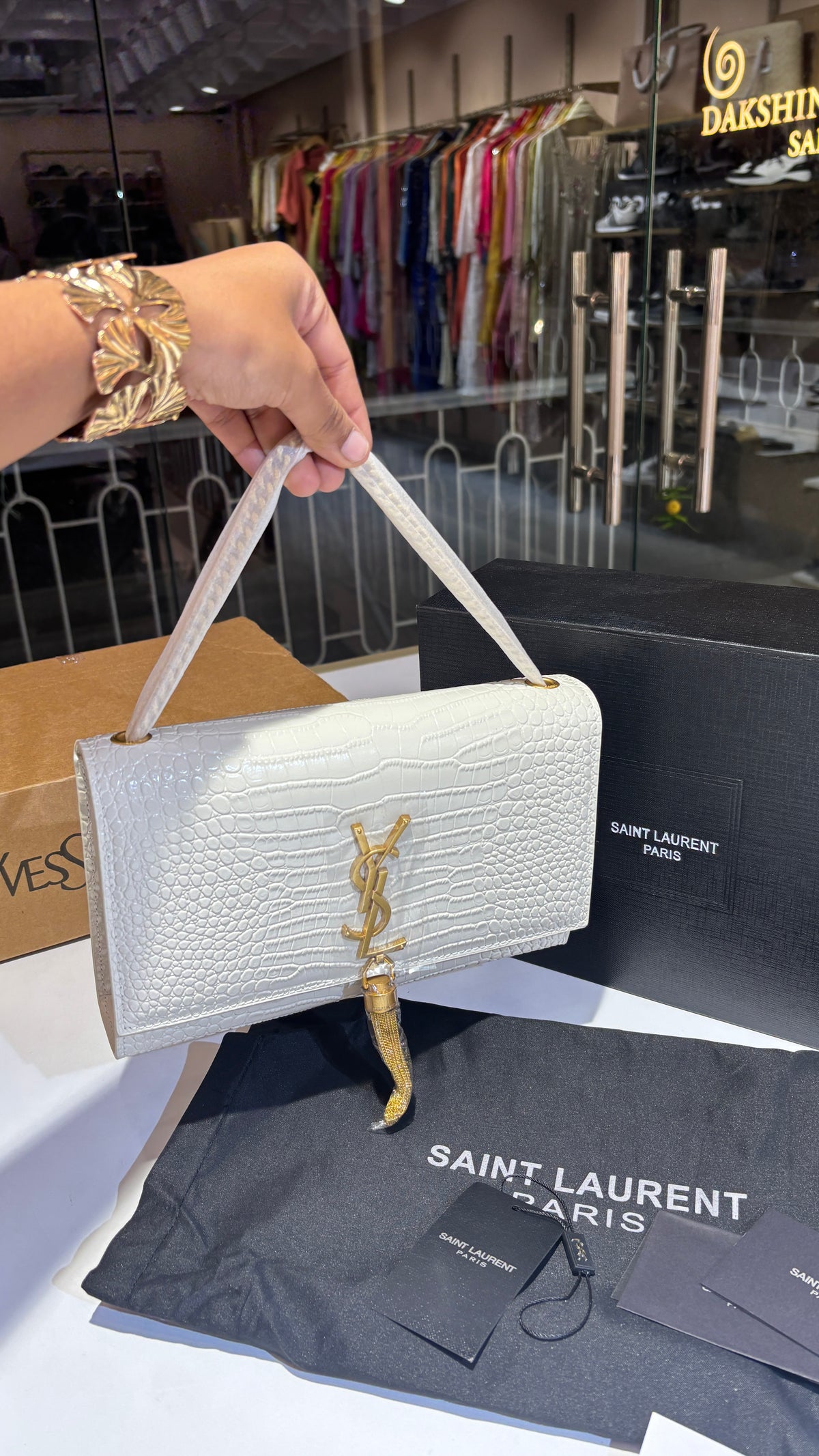 White Croc-Embossed Gold-Accent Sling Bag