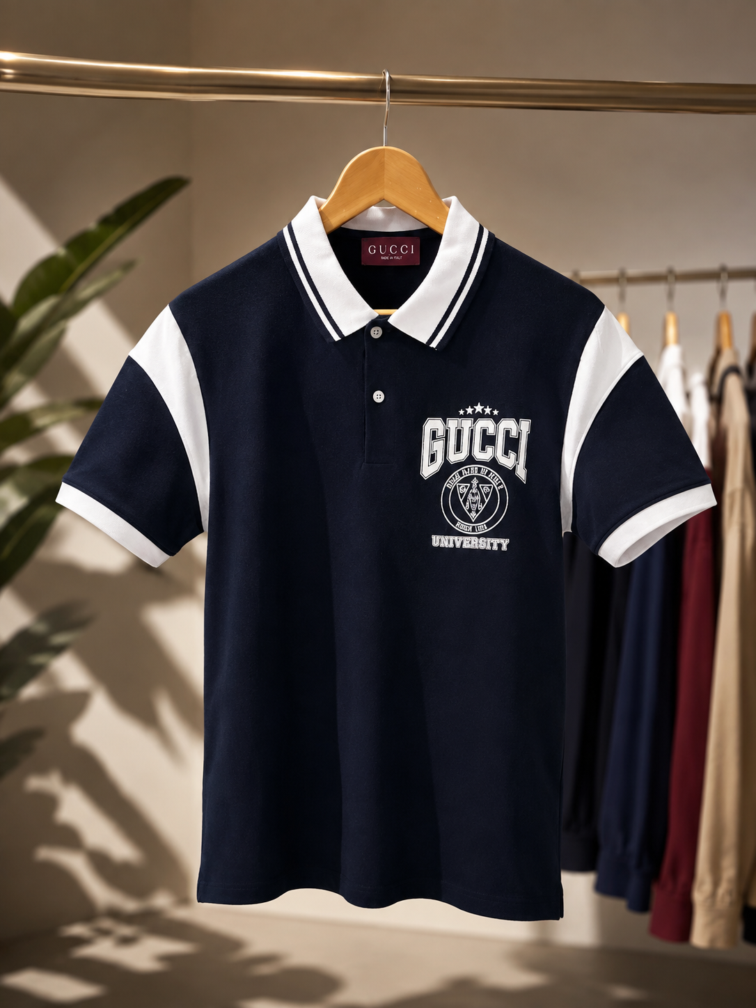 Navy Blue Varsity-Style Contrast Panel Polo T-Shirt