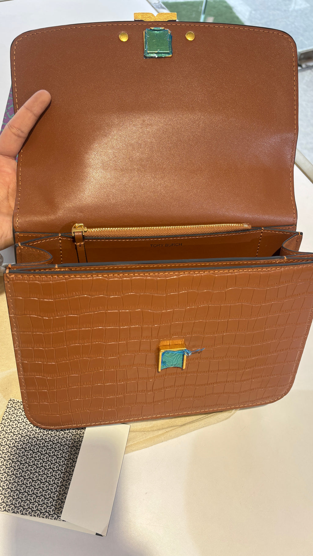 Tan brown Quilted croc patterned sling bag