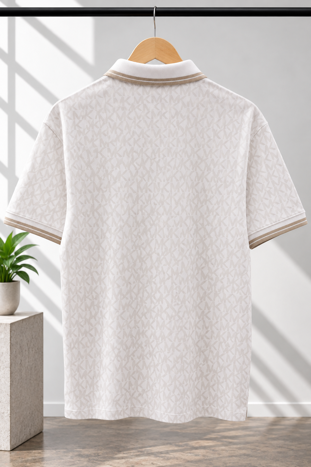 White Monogram Pattern Polo T-Shirt with Contrast Trim