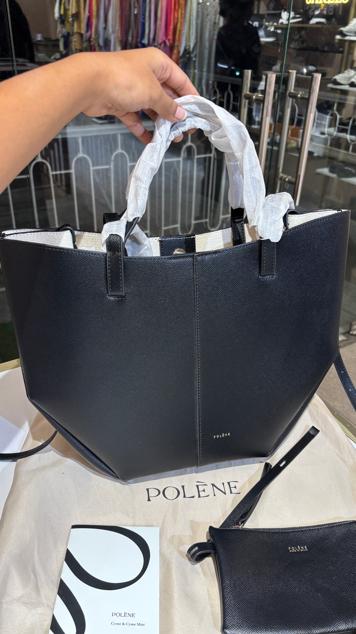 Black Textured Leather ConvertibleTote with Matching Pouch