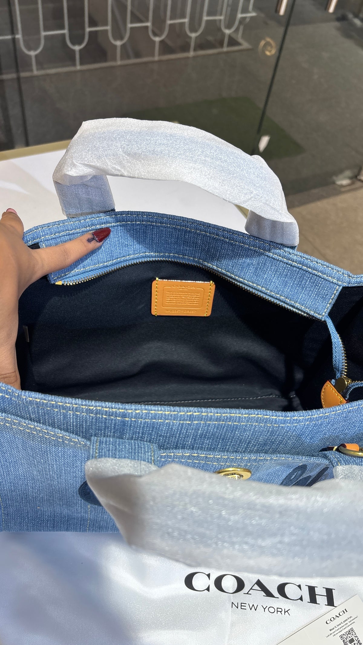 Structured denim bag with cherry charm