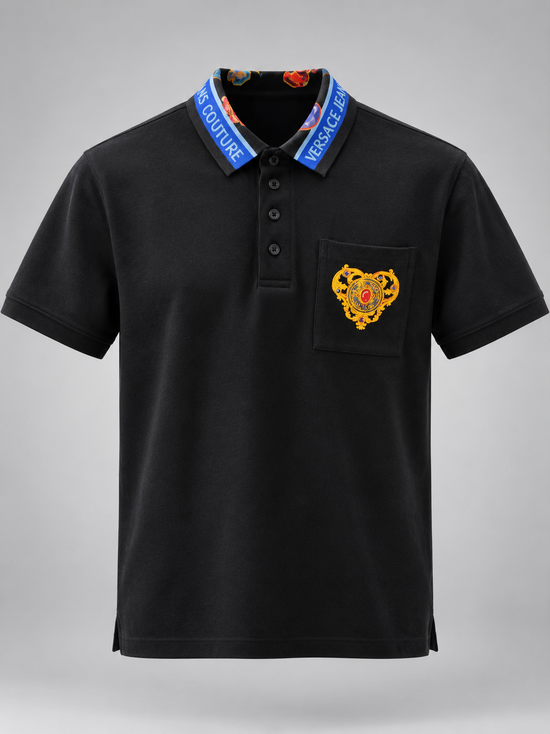 Black Baroque Print Pocket Polo T-Shirt