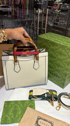 White Tote Bag with Bamboo Top Handles