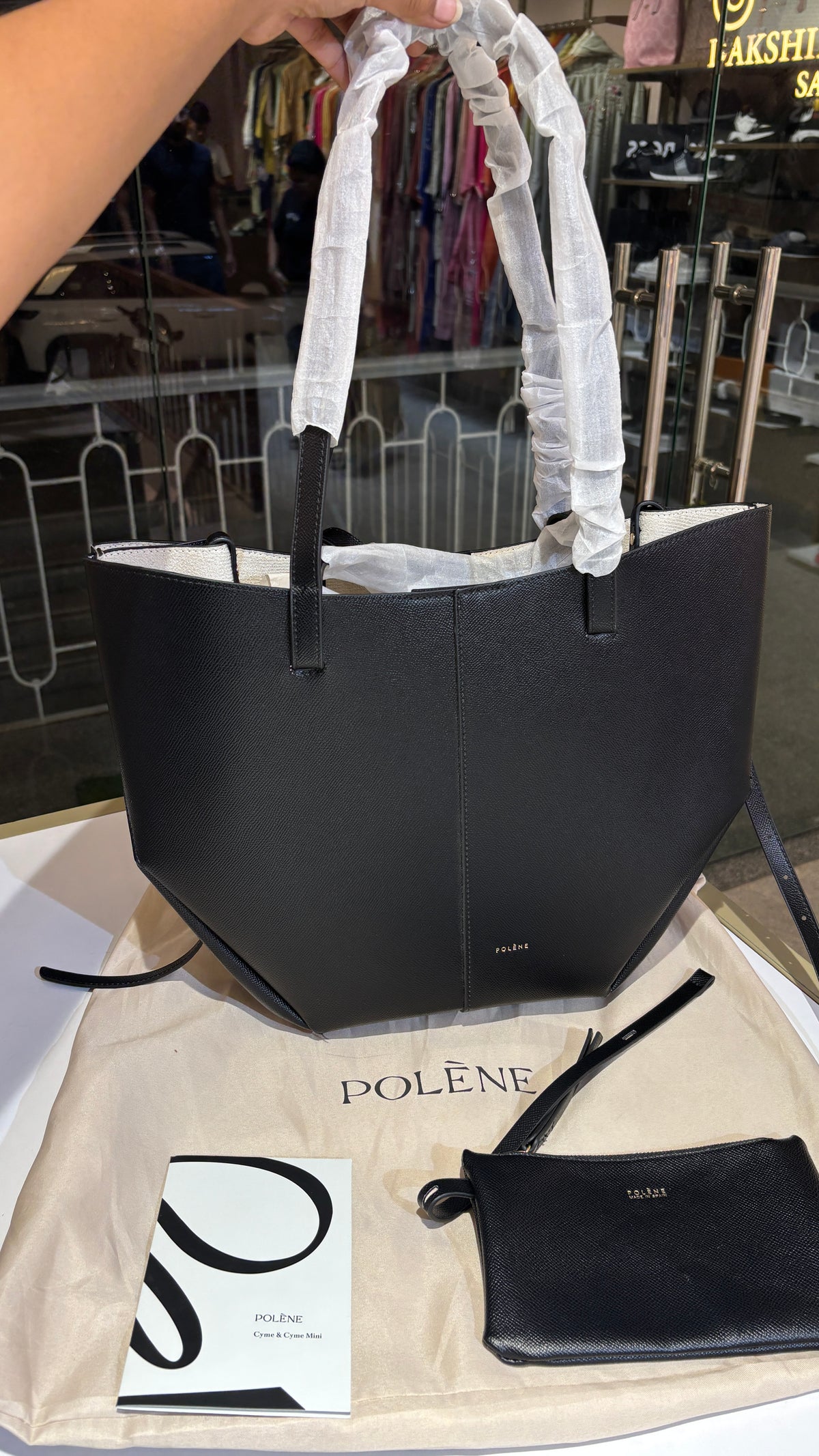 Black Textured Leather ConvertibleTote with Matching Pouch