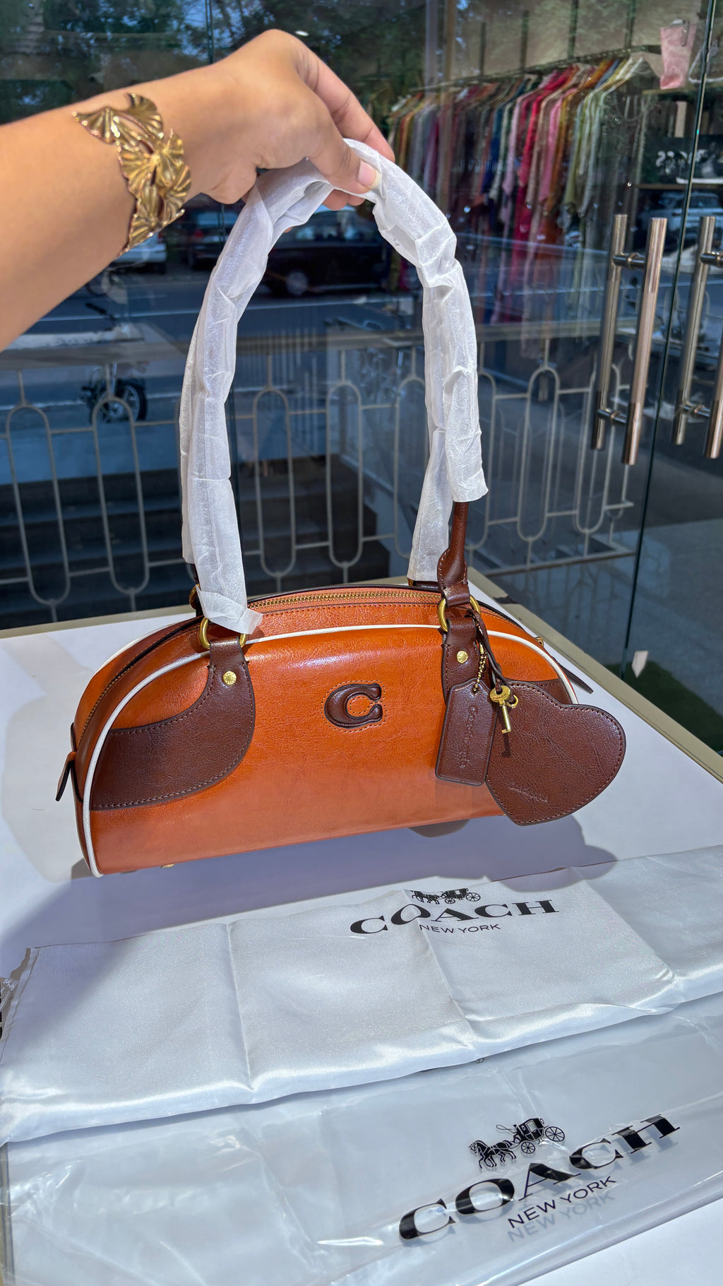 Vintage Two-Tone Leather Barrel Bag with Heart Charm
