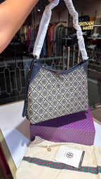 Monogram Canvas Shoulder Bag in Warm Tan & Classic Navy