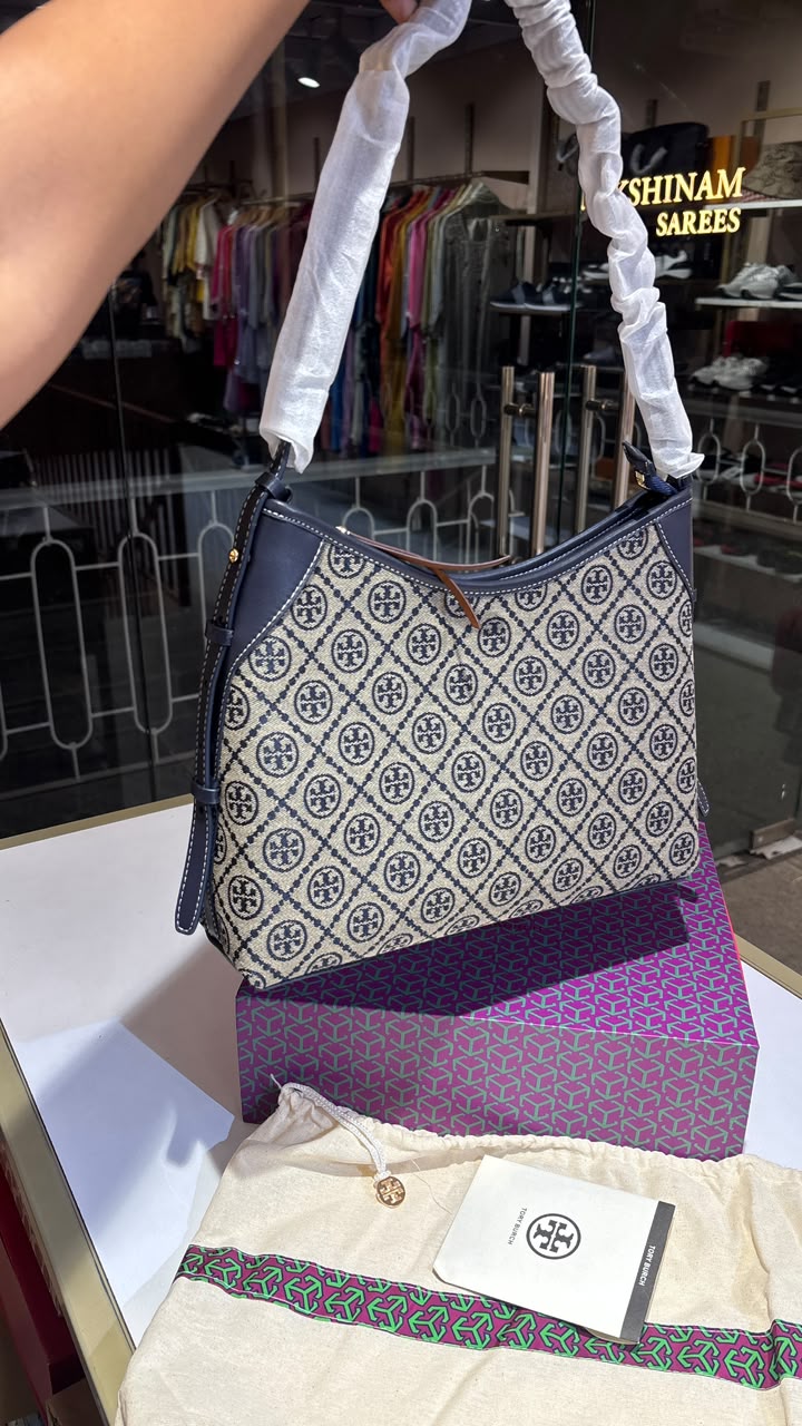 Monogram Canvas Shoulder Bag in Warm Tan & Classic Navy