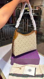 Monogram Canvas Shoulder Bag in Warm Tan & Classic Navy