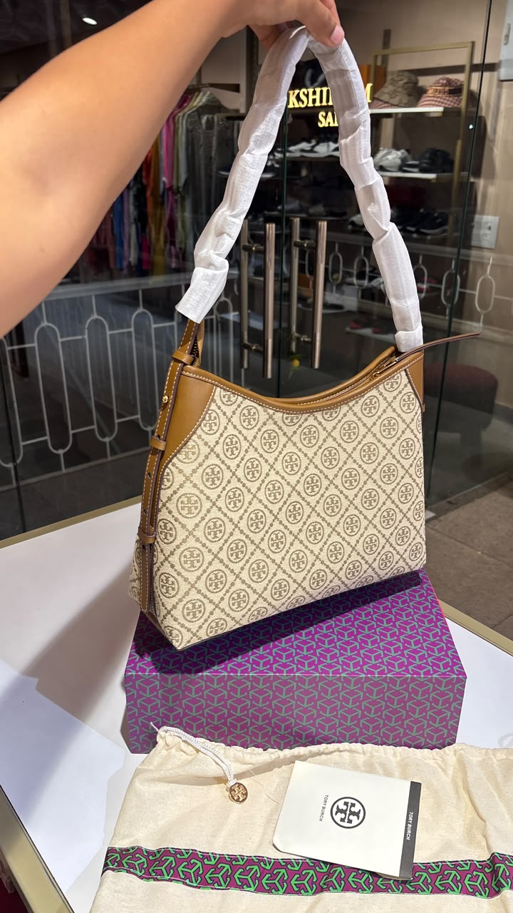 Monogram Canvas Shoulder Bag in Warm Tan & Classic Navy