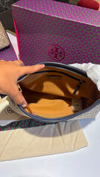 Monogram Canvas Shoulder Bag in Warm Tan & Classic Navy