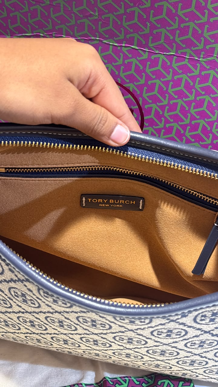 Monogram Canvas Shoulder Bag in Warm Tan & Classic Navy