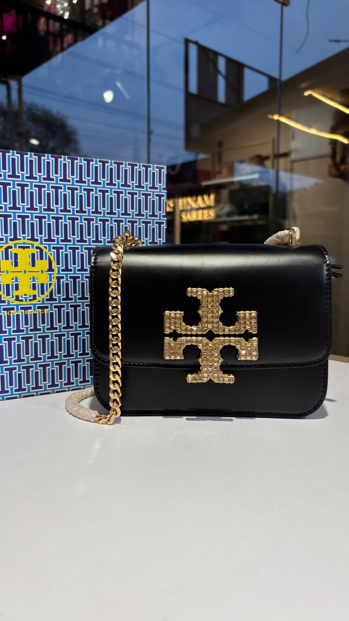 Midnight Black Crystal-Emblem Shoulder Bag