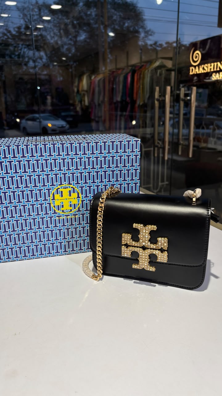 Midnight Black Crystal-Emblem Shoulder Bag