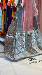 Classic Black Quilted Shoulder Tote with Silver Hardware