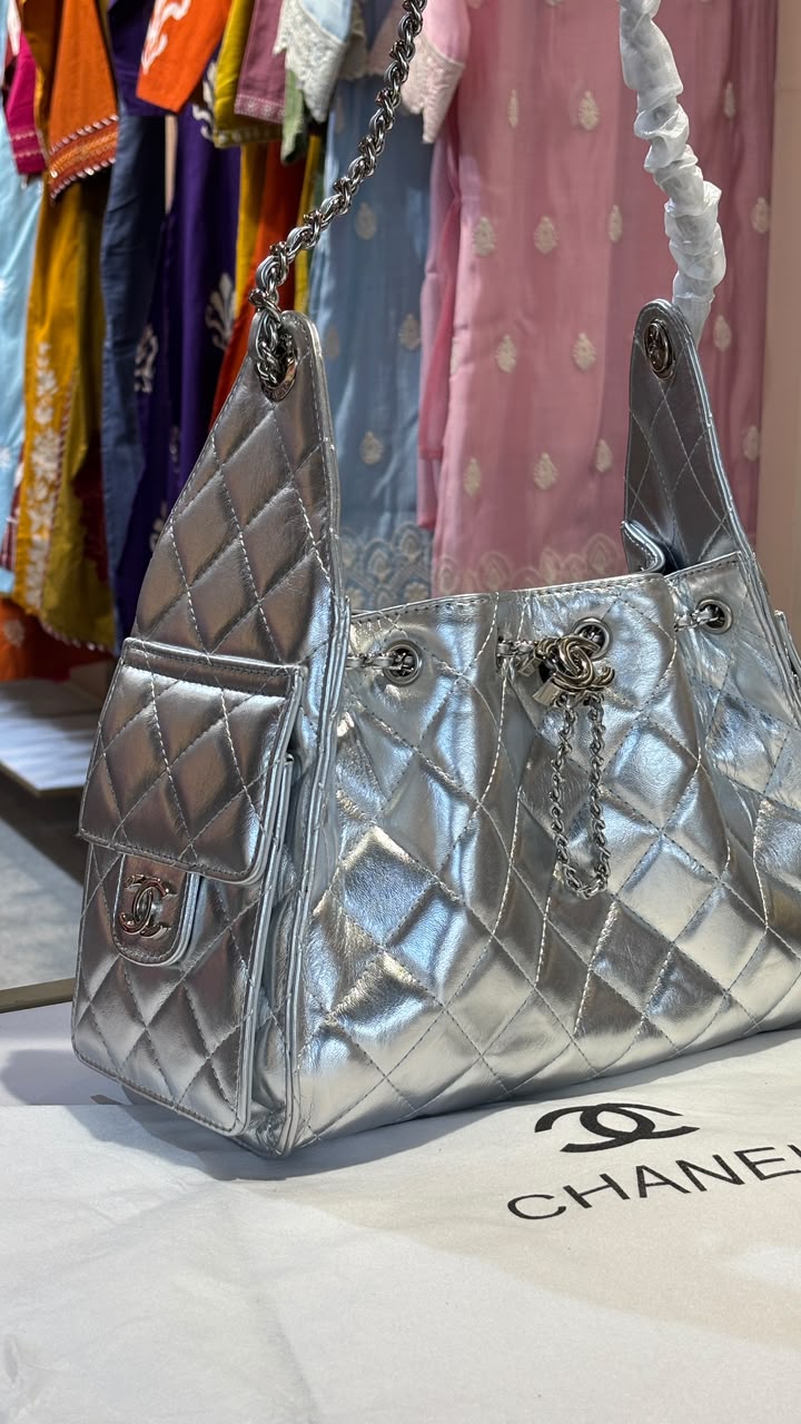 Classic Black Quilted Shoulder Tote with Silver Hardware