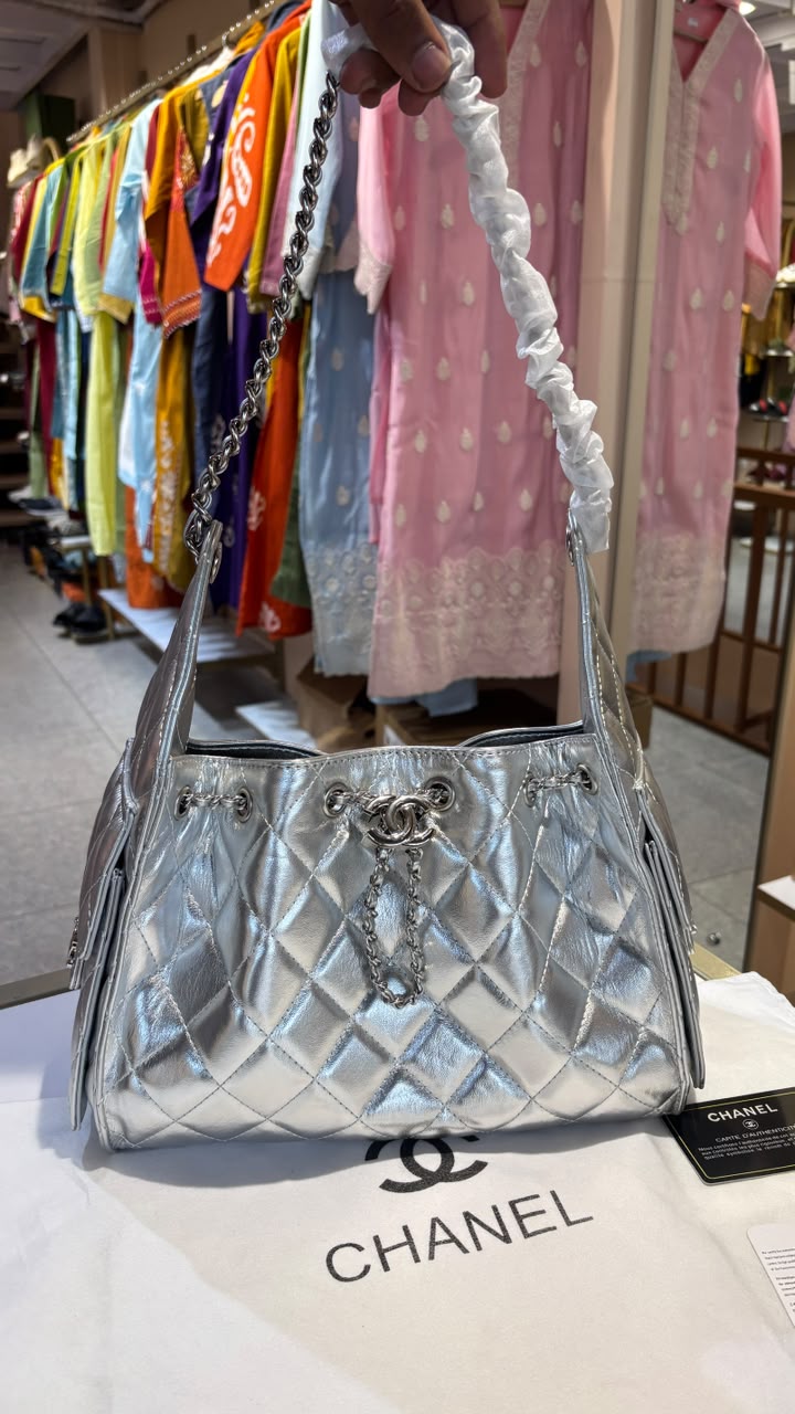 Classic Black Quilted Shoulder Tote with Silver Hardware