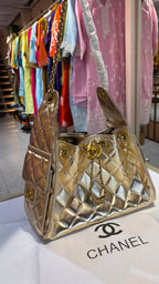 Classic Black Quilted Shoulder Tote with Gold Hardware