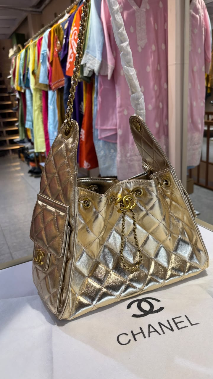 Classic Black Quilted Shoulder Tote with Gold Hardware