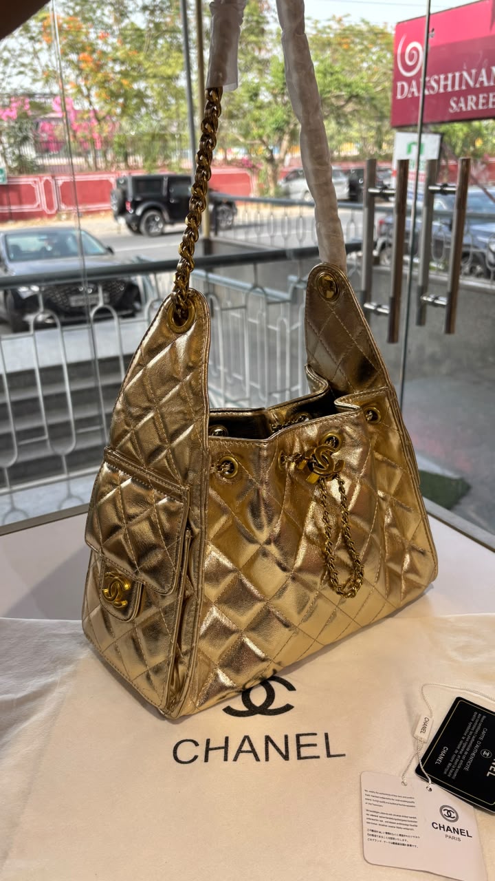 Classic Black Quilted Shoulder Tote with Gold Hardware