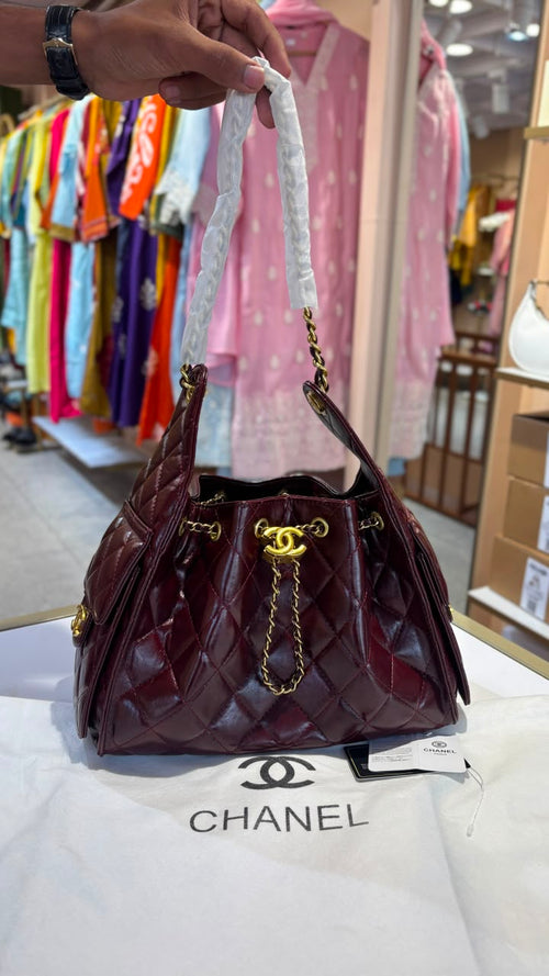 Classic Black Quilted Shoulder Tote with Gold Hardware
